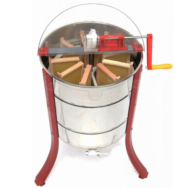 Smielatore Radialnove manuale per 9 favi melario Dadant in acciaio inox con gambe a J, coperchio trasparente e rubinetto di scarico Ø 40 mm